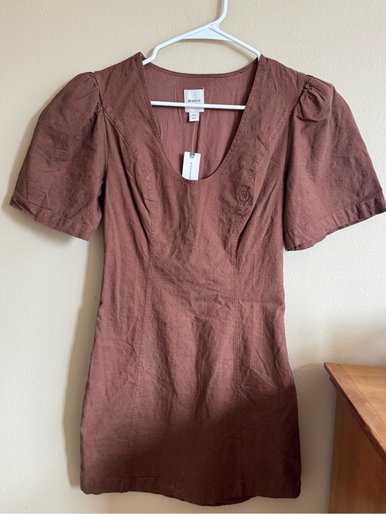 Anthropologie Dresses & Skirts - Anthropologie Maeve Brown Linen Blend Puff Sleeve Cutout Back Mini Dress NWT XS